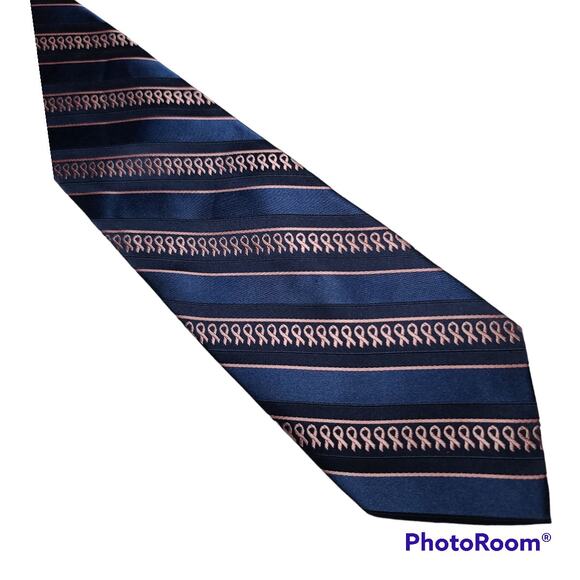 Breast Cancer Awareness blue stripe pink ribbon silk tie - Picture 1 of 5